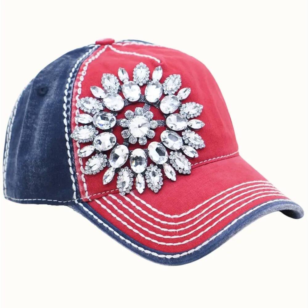 NEW OLIVE & PIQUE patriotic rhinestone flower distressed baseball cap in multico